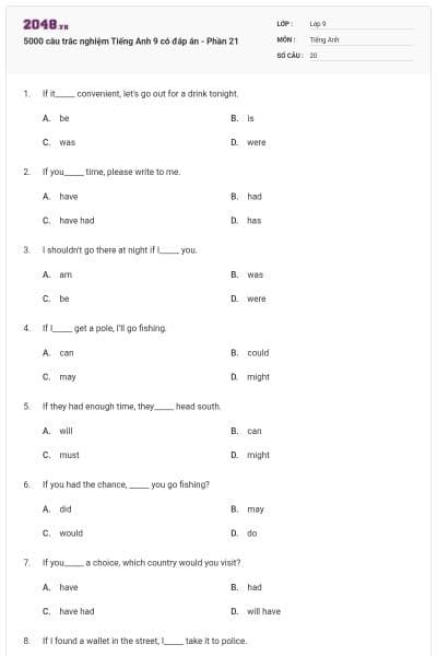 5000 câu trắc nghiệm Tiếng Anh 9 có đáp án - Phần 21