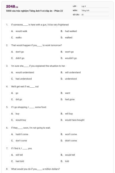 5000 câu trắc nghiệm Tiếng Anh 9 có đáp án - Phần 22