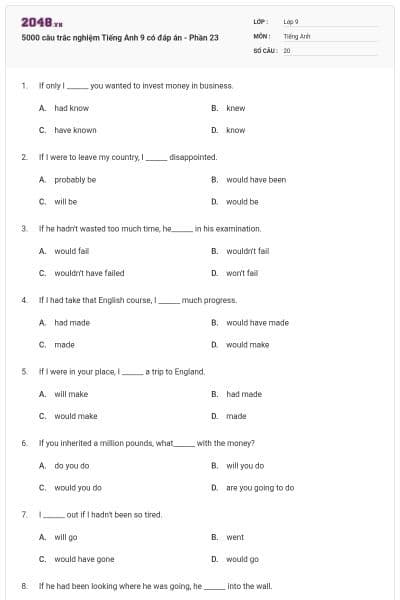 5000 câu trắc nghiệm Tiếng Anh 9 có đáp án - Phần 23