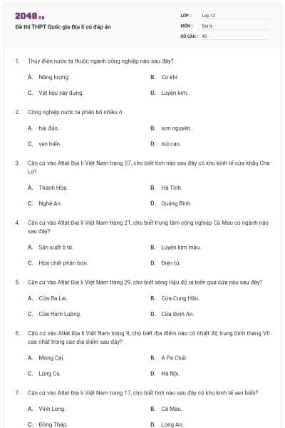 Đề thi THPT Quốc gia Địa lí có đáp án