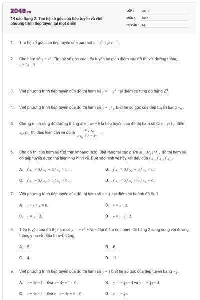 14 câu Dạng 2: Tìm hệ số góc của tiếp tuyến và viết phương trình tiếp tuyến tại một điểm