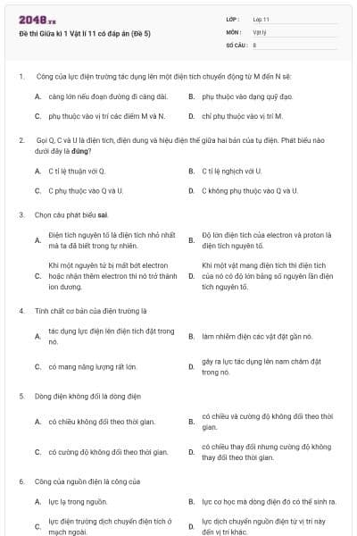 Đề thi Giữa kì 1 Vật lí 11 có đáp án (Đề 5)