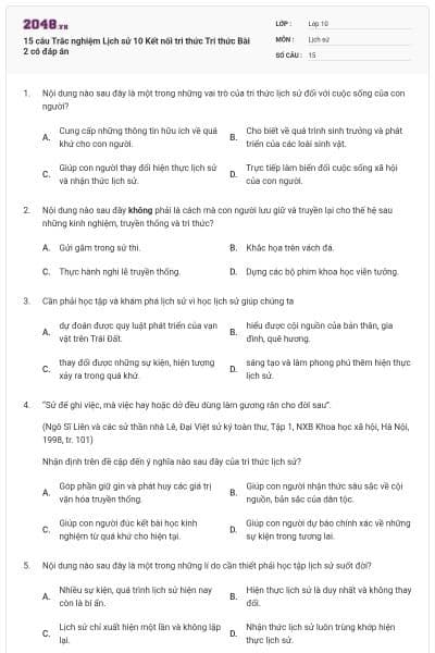 15 câu Trắc nghiệm Lịch sử 10 Kết nối tri thức Tri thức Bài 2 có đáp án