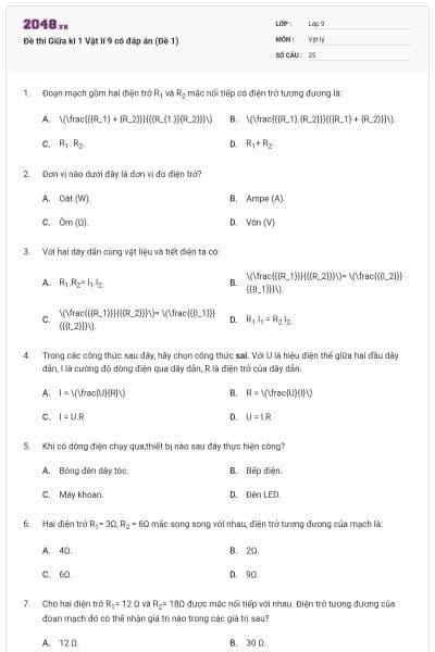 Đề thi Giữa kì 1 Vật lí 9 có đáp án (Đề 1)