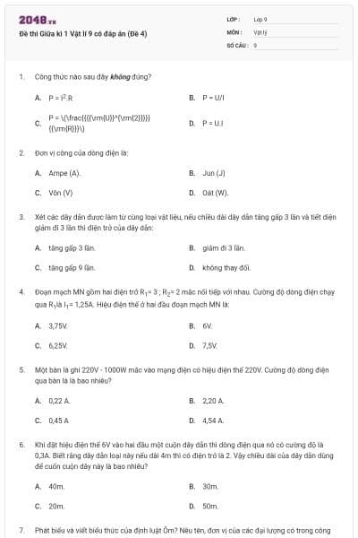 Đề thi Giữa kì 1 Vật lí 9 có đáp án (Đề 4)