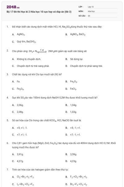 Bộ 17 Đề thi Học kì 2 Hóa học 10 cực hay có đáp án (Đề 3)