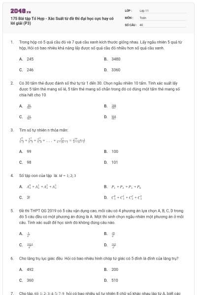 175 Bài tập Tổ Hợp - Xác Suất từ đề thi đại học cực hay có lời giải (P3)