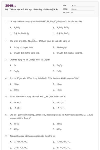 Bộ 17  Đề thi Học kì 2 Hóa học 10 cực hay có đáp án (Đề 4)