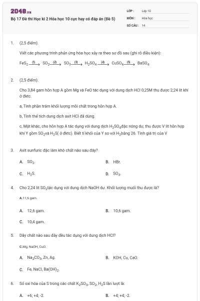 Bộ 17  Đề thi Học kì 2 Hóa học 10 cực hay có đáp án (Đề 5)