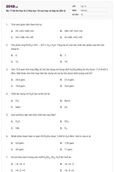 Bộ 17  Đề thi Học kì 2 Hóa học 10 cực hay có đáp án (Đề 3)