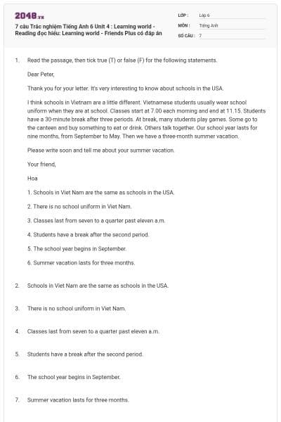 7 câu Trắc nghiệm Tiếng Anh 6 Unit 4 : Learning world - Reading đọc hiểu: Learning world - Friends Plus có đáp án