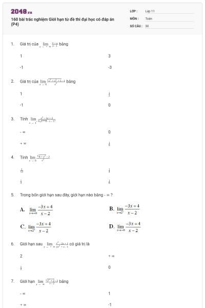 160 bài trắc nghiệm Giới hạn từ đề thi đại học có đáp án (P4)