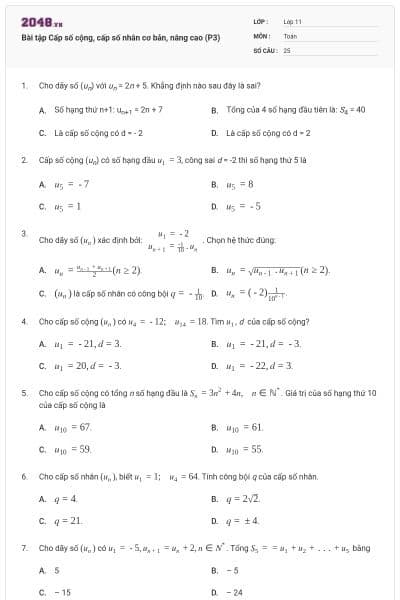 Bài tập Cấp số cộng, cấp số nhân cơ bản, nâng cao (P3)