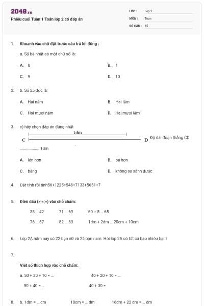 Phiếu cuối Tuần 1 Toán lớp 2 có đáp án