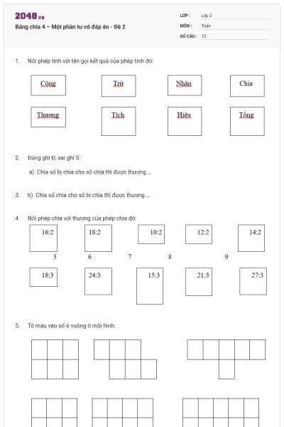 Bảng chia 4 – Một phần tư có đáp án - Đề 2