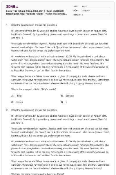 5 câu Trắc nghiệm Tiếng Anh 6 Unit 5 : Food and Health -  Reading đọc hiểu: Food and Health - Friends Plus có đáp án