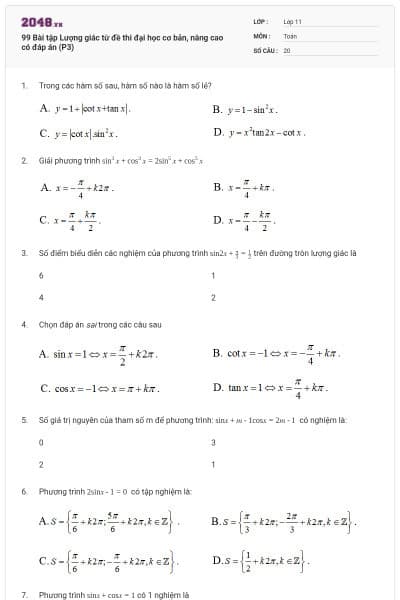 99 Bài tập Lượng giác từ đề thi đại học cơ bản, nâng cao có đáp án (P3)