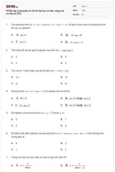 99 Bài tập Lượng giác từ đề thi đại học cơ bản, nâng cao có đáp án (P2)