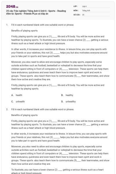 25 câu Trắc nghiệm Tiếng Anh 6 Unit 6 : Sports - Reading điền từ: Sports - Friends PLus có đáp án