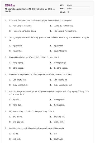 15 câu Trắc nghiệm Lịch sử 10 Chân trời sáng tạo Bài 7 có đáp án