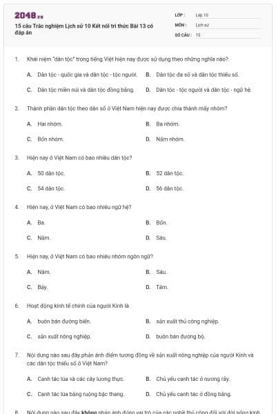 15 câu Trắc nghiệm Lịch sử 10 Kết nối tri thức Bài 13 có đáp án