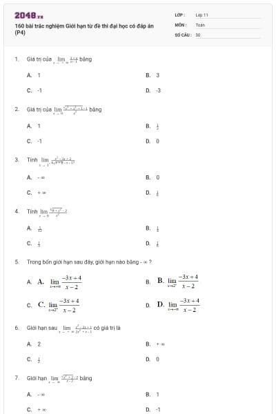 160 bài trắc nghiệm Giới hạn từ đề thi đại học có đáp án (P4)