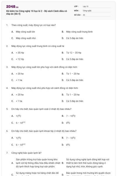 Đề kiểm tra Công nghệ 10 học kì 2 - Bộ sách Cánh diều có đáp án (Đề 4)