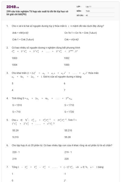 299 câu trắc nghiệm Tổ hợp xác suất từ đề thi đại học có lời giải chi tiết(P6)
