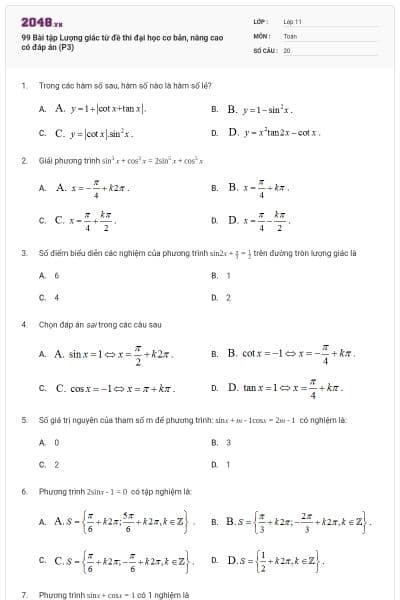 99 Bài tập Lượng giác từ đề thi đại học cơ bản, nâng cao có đáp án (P3)