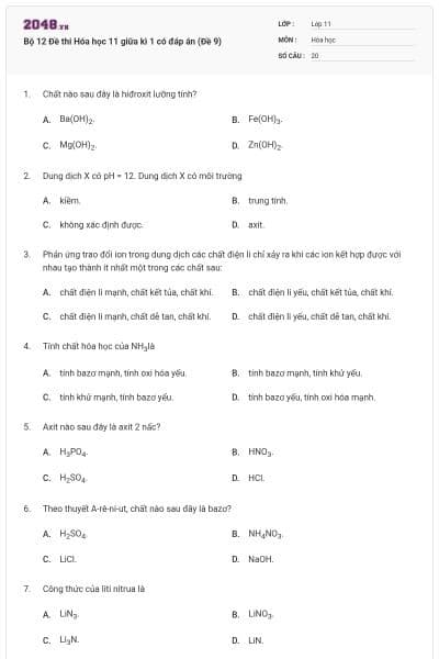 Bộ 12 Đề thi Hóa học 11 giữa kì 1 có đáp án (Đề 9)