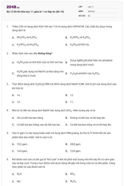 Bộ 12 Đề thi Hóa học 11 giữa kì 1 có đáp án (Đề 10)