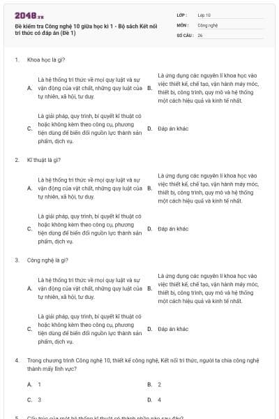 Đề kiểm tra Công nghệ 10 giữa học kì 1 - Bộ sách Kết nối tri thức có đáp án (Đề 1)