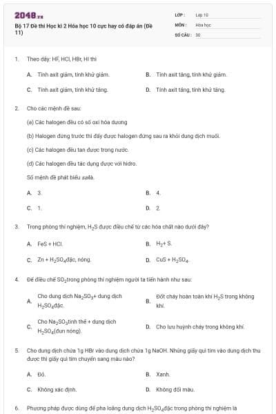 Bộ 17  Đề thi Học kì 2 Hóa học 10 cực hay có đáp án (Đề 11)