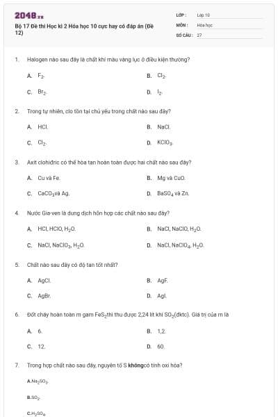 Bộ 17  Đề thi Học kì 2 Hóa học 10 cực hay có đáp án (Đề 12)