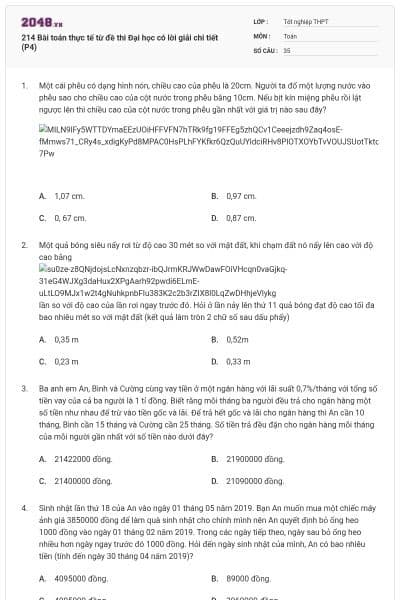 214 Bài toán thực tế từ đề thi Đại học có lời giải chi tiết (P4)