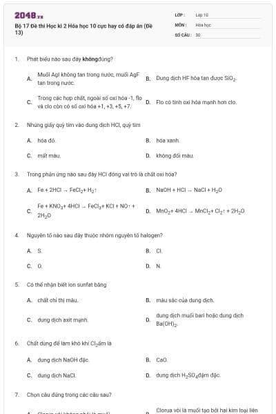 Bộ 17  Đề thi Học kì 2 Hóa học 10 cực hay có đáp án (Đề 13)