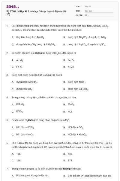 Bộ 17  Đề thi Học kì 2 Hóa học 10 cực hay có đáp án (Đề 15)
