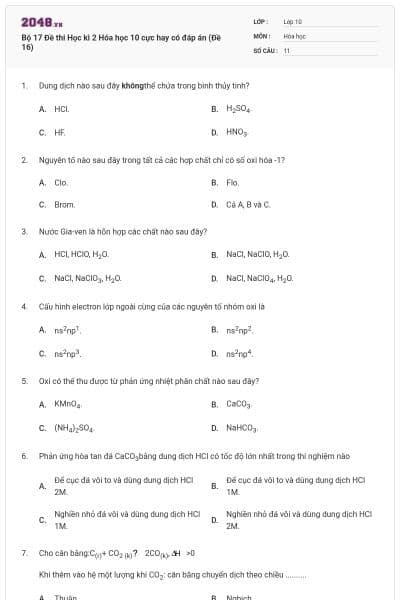 Bộ 17  Đề thi Học kì 2 Hóa học 10 cực hay có đáp án (Đề 16)