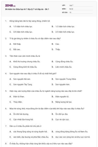Đề kiểm tra Giữa học kì 1 Địa lý 7 có đáp án - Đề 1