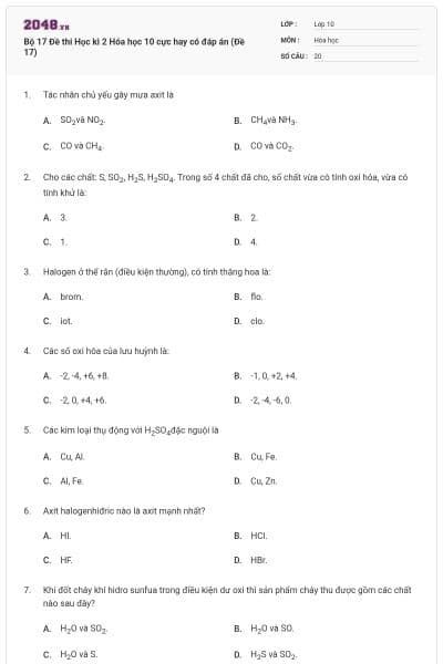 Bộ 17  Đề thi Học kì 2 Hóa học 10 cực hay có đáp án (Đề 17)
