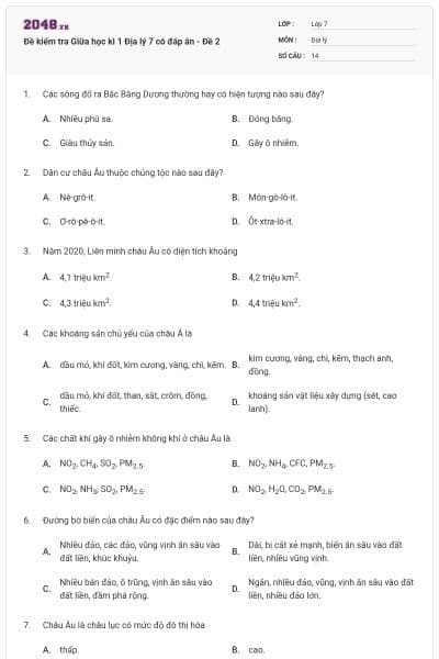 Đề kiểm tra Giữa học kì 1 Địa lý 7 có đáp án - Đề 2