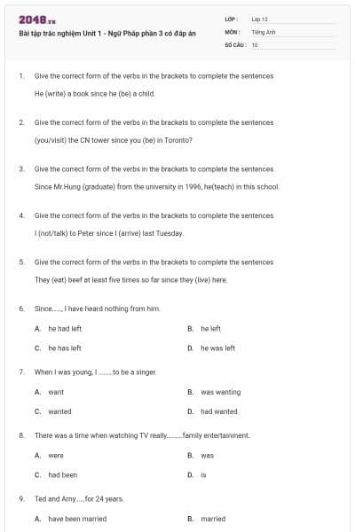 Bài tập trắc nghiệm Unit 1 - Ngữ Pháp phần 3 có đáp án