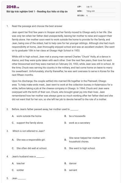 Bài tập trắc nghiệm Unit 1 - Reading đọc hiểu có đáp án