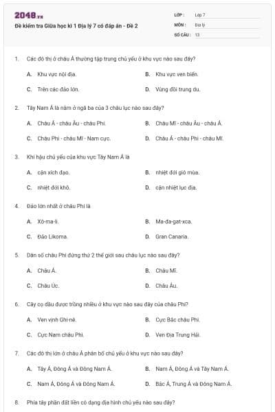 Đề kiểm tra Giữa học kì 1 Địa lý 7 có đáp án - Đề 2