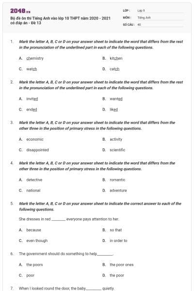 Bộ đề ôn thi Tiếng Anh vào lớp 10 THPT năm 2020 - 2021 có đáp án - Đề 13