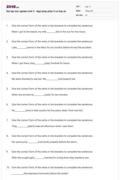 Bài tập trắc nghiệm Unit 2 - Ngữ pháp phần 5 có đáp án