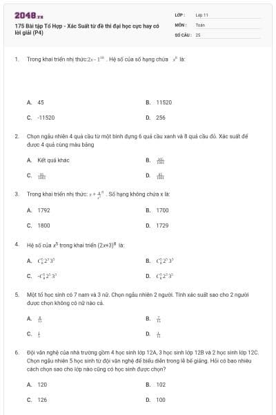 175 Bài tập Tổ Hợp - Xác Suất từ đề thi đại học cực hay có lời giải (P4)
