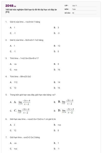 160 bài trắc nghiệm Giới hạn từ đề thi đại học có đáp án (P4)