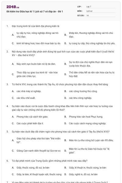 Đề kiểm tra Giữa học kì 1 Lịch sử 7 có đáp án - Đề 1
