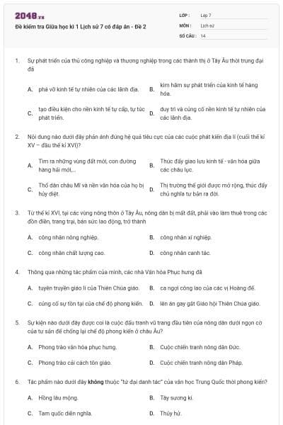 Đề kiểm tra Giữa học kì 1 Lịch sử 7 có đáp án - Đề 2